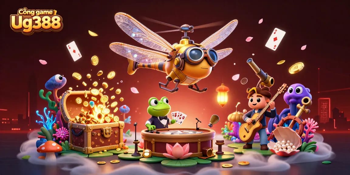 Engage in thrilling gameplay at Cổng game Ug388 with dragonfly pilot and frog dealer in a vibrant casino scene.