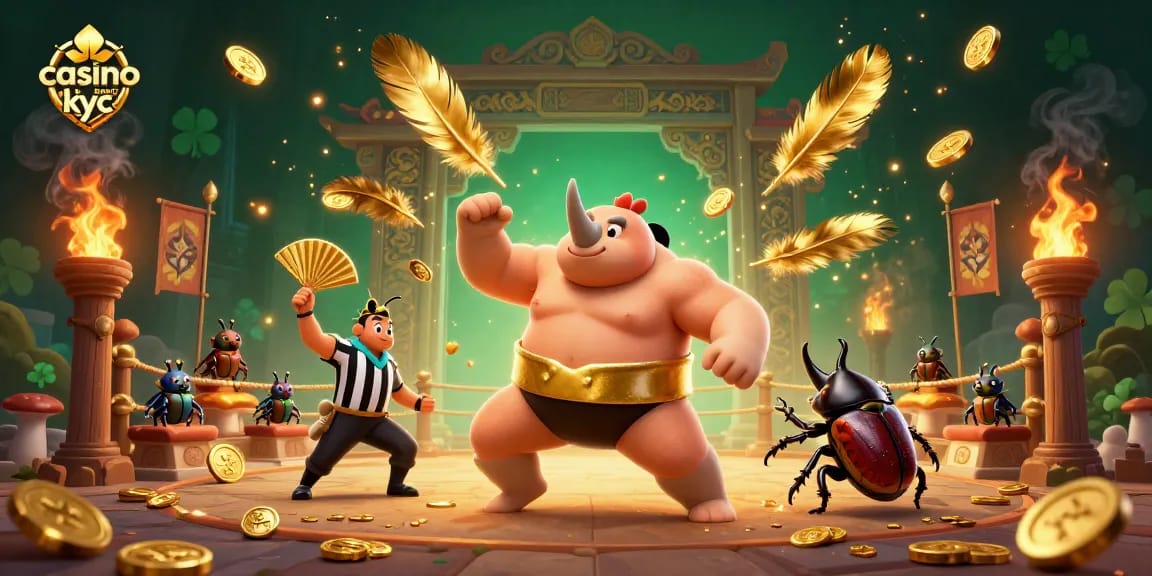 Jouer dans un casino sans kyc avec un scarabée sumo champion entouré de pièces d'or en action.