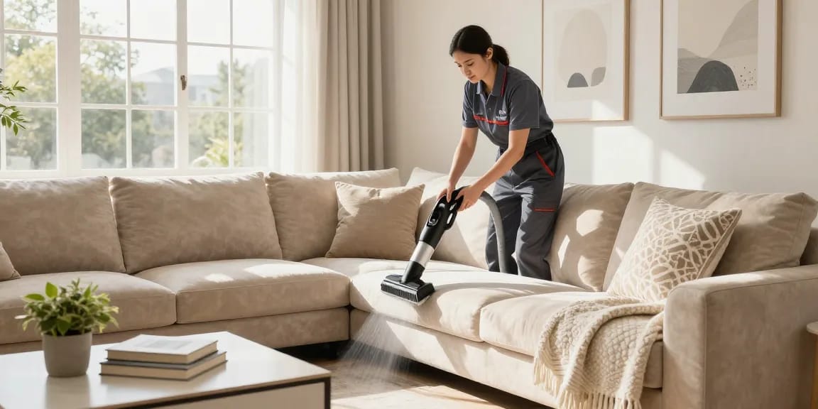 Professional couch cleaning technician steam cleaning a plush beige sofa.