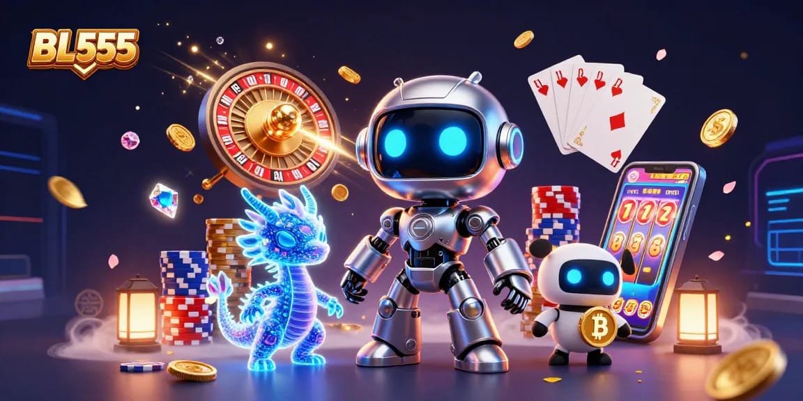 Experience thrilling gameplay at BL555 with a captivating cyberpunk casino scene filled with vibrant elements.