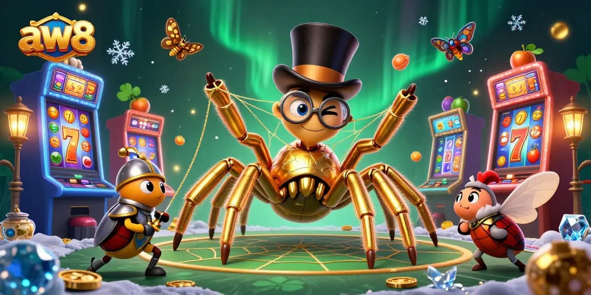 Experience the excitement of aw8 with a whimsical casino scene of a golden tarantula and a beetle knight.