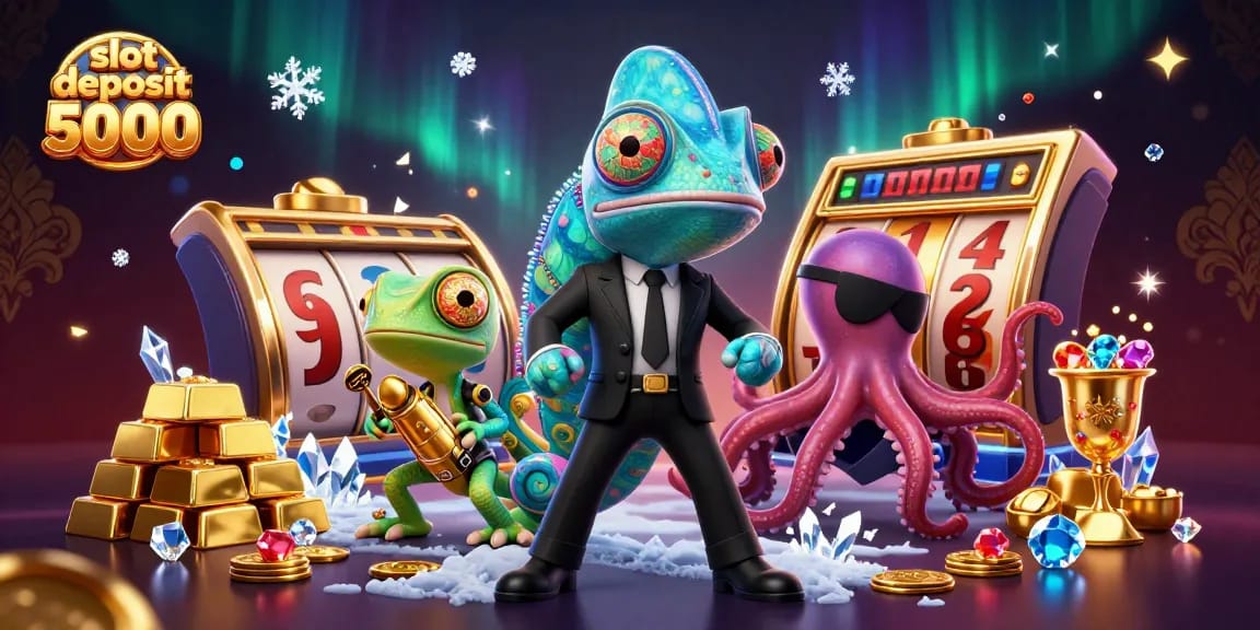 Spin the reels and win with a slot deposit 5000 in a vibrant casino scene filled with treasure!