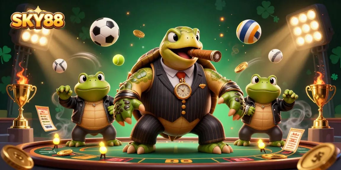 SKY88 showcases a colorful casino scene with a snapping turtle and bullfrogs engaged in thrilling sports betting.