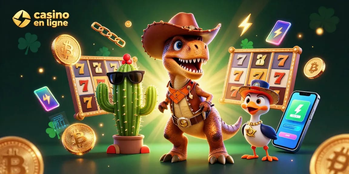 Découvrez l'excitation du casino en ligne avec notre illustration 3D palpitante mettant en scène un T-Rex et des éléments de jeu.