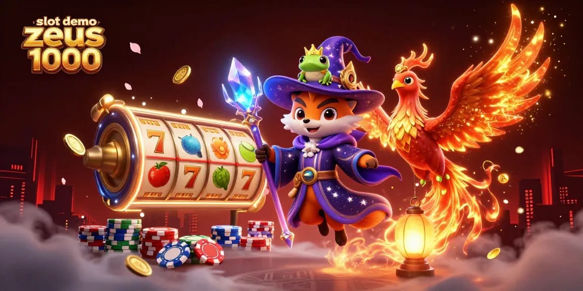 Spin the reels with slot demo zeus 1000 in this dynamic 3D illustration showcasing vibrant casino elements.