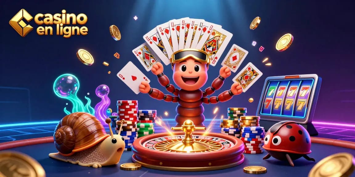 Jouer au casino en ligne avec une ambiance festive et un agent de casino coloré.