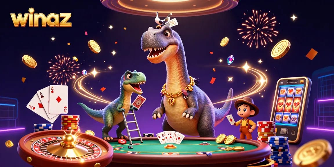 Join the excitement at winaz with a towering brontosaurus and clever raptor in a vibrant casino setting.