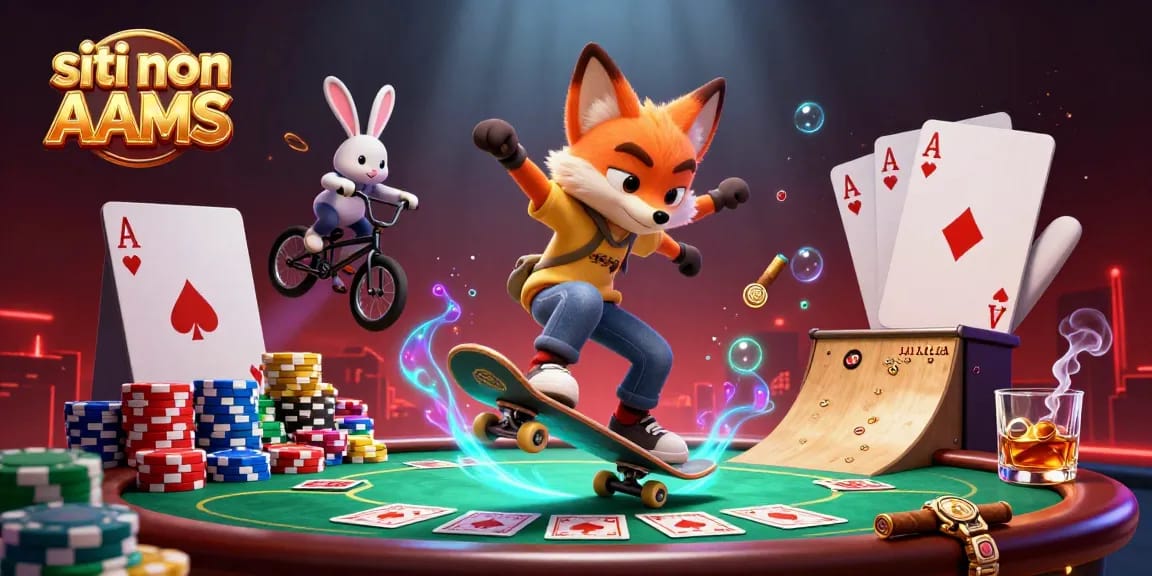 Siti non AAMS presenta una volpe skateboarder e un coniglio BMX in una scena di casinò vivace.