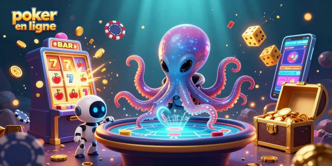 Jouez au poker en ligne avec un octopus extraterrestre et un robot dans un environnement dynamique et coloré.