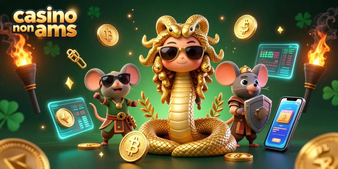 Gira per la fortuna nei casino non AAMS con Medusa e il topo guerriero tra monete crypto che brillano e grafiche vivaci.