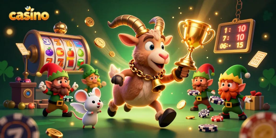 Immerse in this vibrant casino scene where a cartoon Krampus goat reigns, showcasing electrifying slot reels and playful characters.