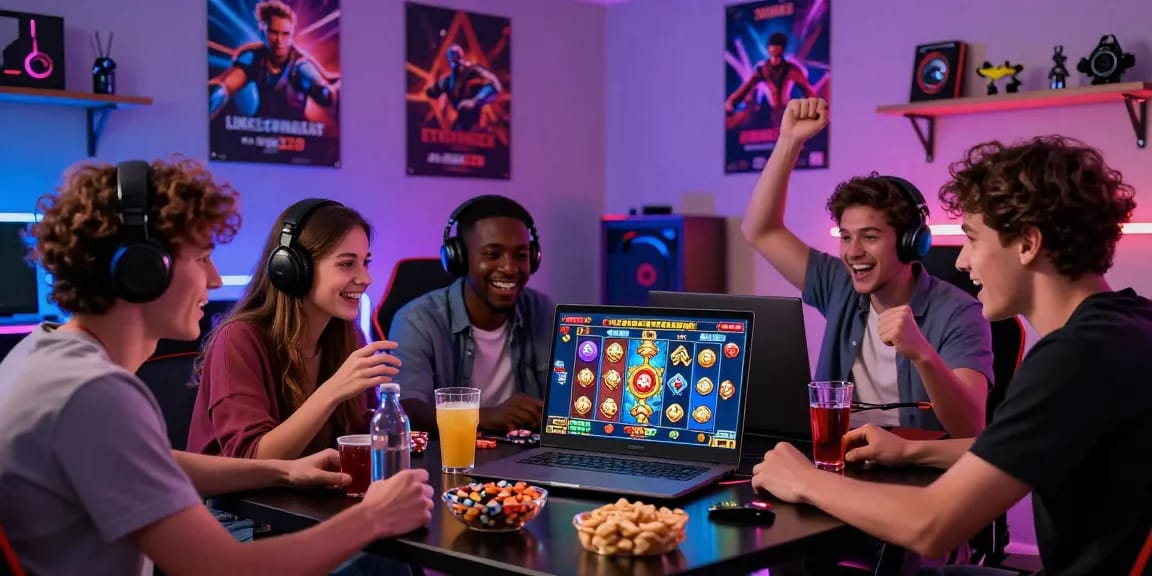 Diverse friends enjoying a multiplayer gaming night, exploring link alternatif raja328 for exciting slot games and visuals.