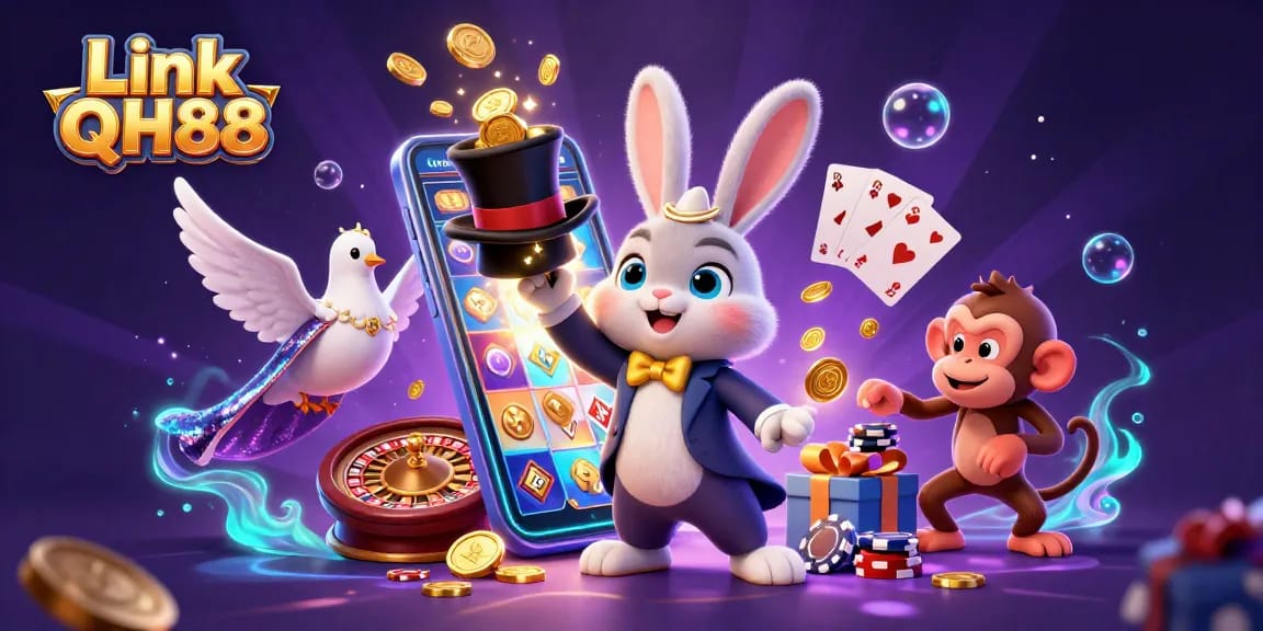 Engage in excitement with the Link QH88 illustration featuring a magician rabbit and casino elements.