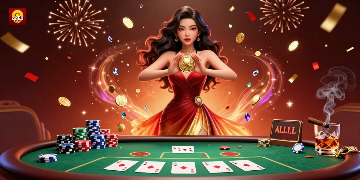 Experience the excitement of qq88 with a stunning illustration featuring winning poker hands and glamorous casino elements.