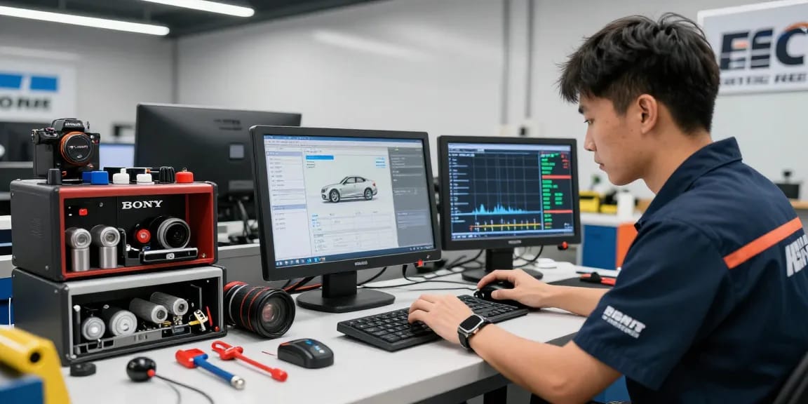 Chiptuning Hannover: Professioneller Mechaniker optimiert BMW-Motorsteuergerät in Werkstatt.