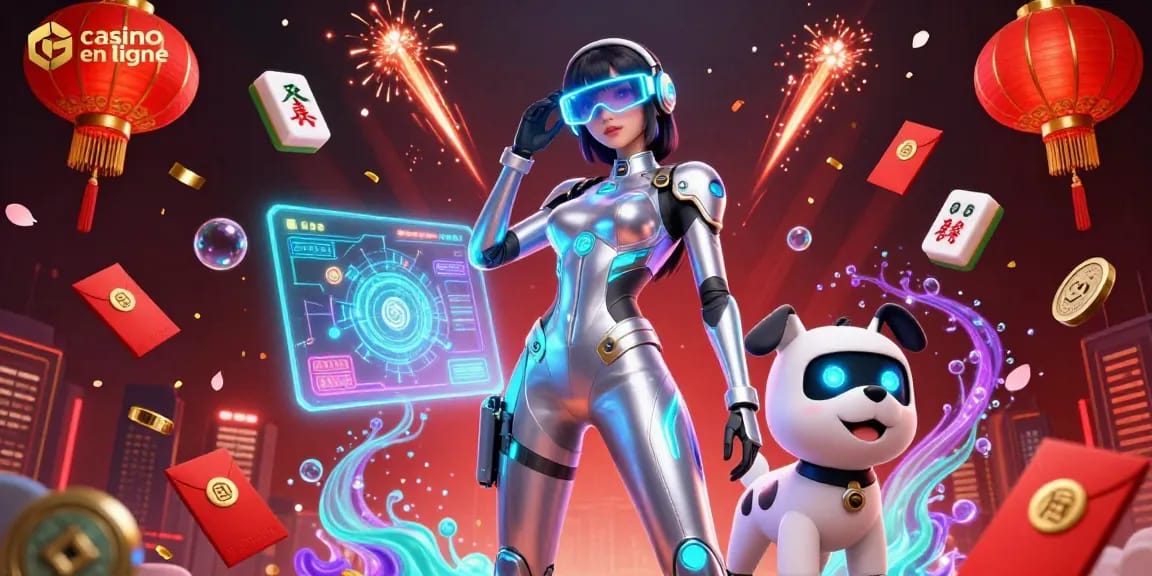 Découvrez l'excitation du casino en ligne avec une scène vibrante mettant en vedette une femme futuriste et un chien robot.