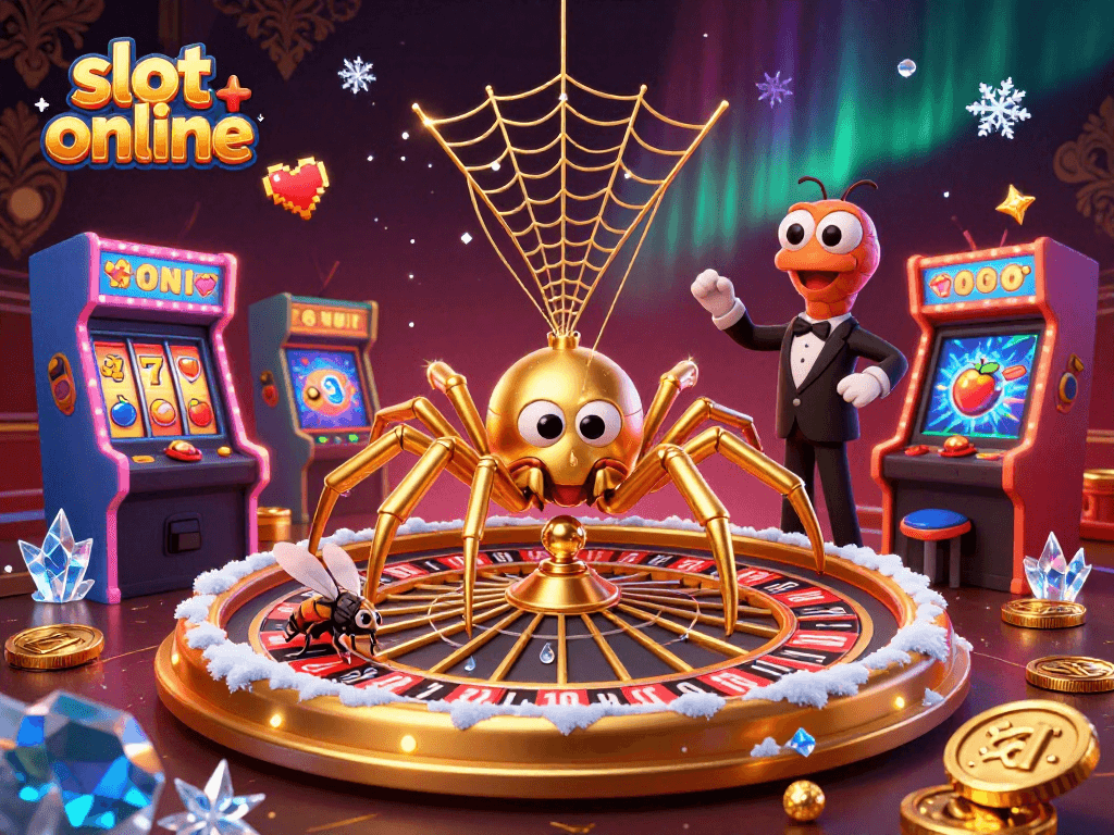 Engage with slot online games as a golden spider spins a roulette web, enhancing the gaming experience.