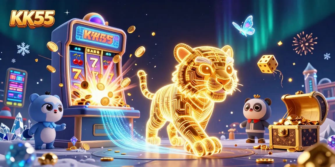 Experience the vibrant excitement of KK55 with a golden tiger amidst a dynamic casino setting.