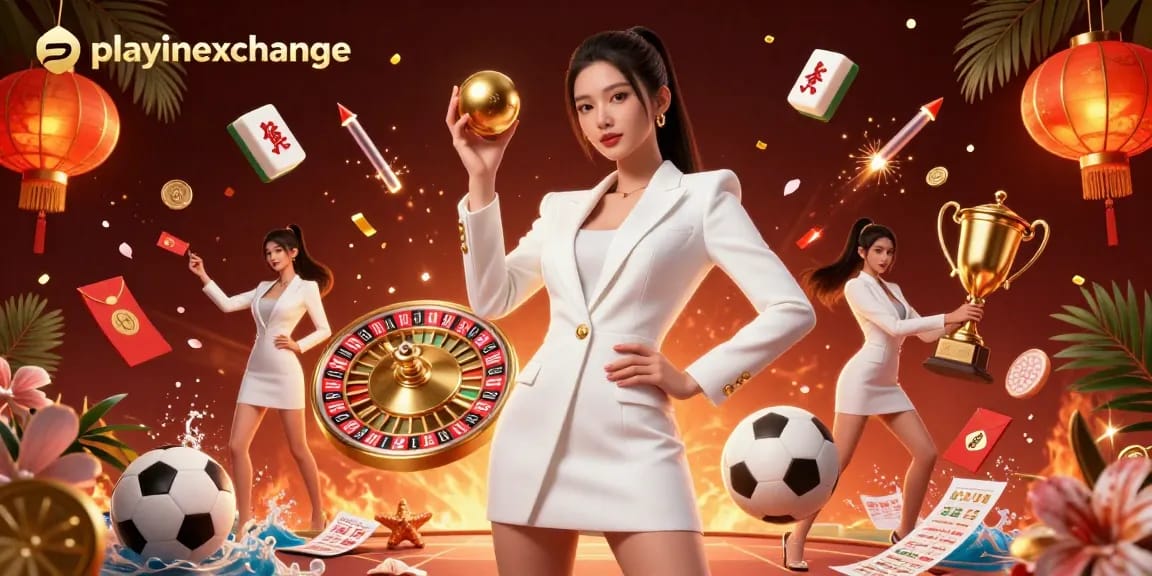 Experience premium thrills at playinexchange with a stunning Asian woman showcasing dynamic sports betting elements.