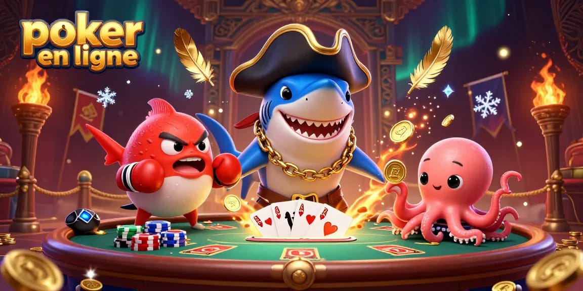 Jouer au poker en ligne avec des personnages animés comme un requin pirate et une pieuvre, dans un décor festif et dynamique.