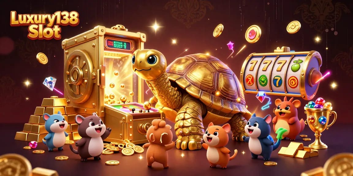 Experience the excitement of Luxury138 Slot with vibrant gaming elements and characters in this engaging illustration.