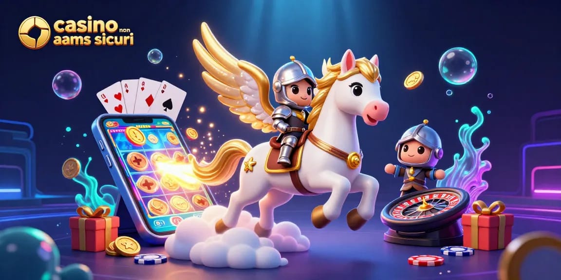 Casinò non AAMS sicuri: un cavallo celestiale e un cavaliere si avventurano tra giochi e vincite in un'illustrazione vivace.