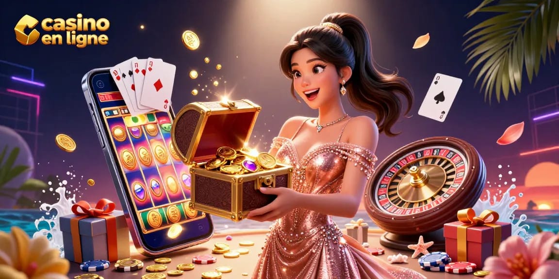 Experience the excitement of casino en ligne with a treasure chest of games, gems, and golden coins.