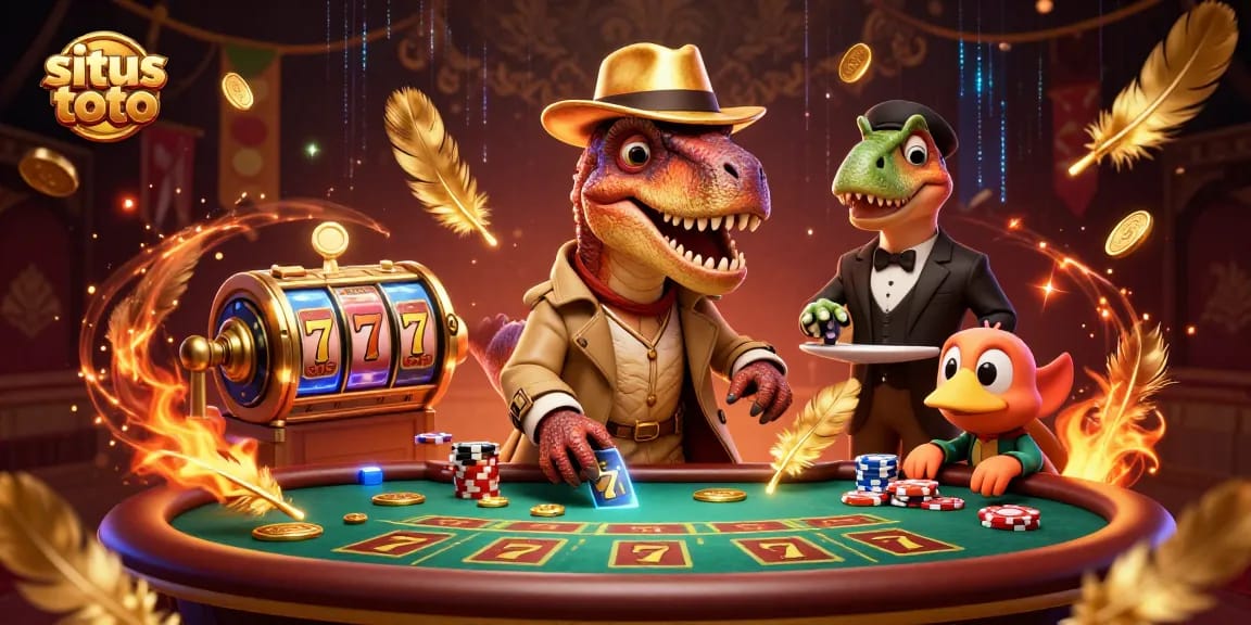 Situs toto features a cartoon velociraptor card counter and a stegosaurus pit boss at a lively blackjack table.
