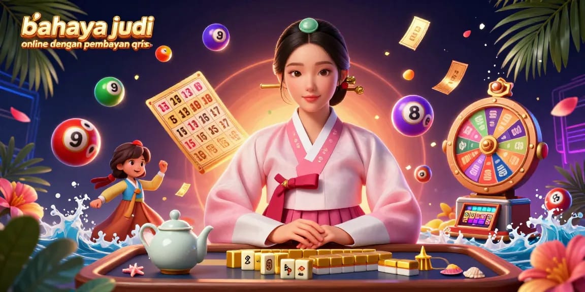 Experience the dangers of online gambling through QRIS transactions with a dynamic casino illustration.
