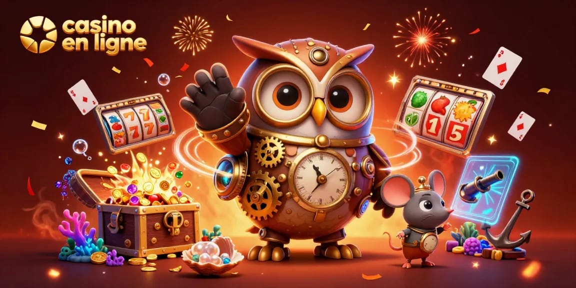 Vivez l'excitation des casinos en ligne avec une illustration 3D captivante mettant en scène une chouette, des éléments de jeu riches et une action dynamique.