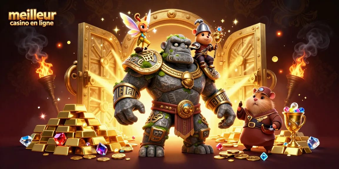 Joue et gagne au meilleur casino en ligne avec un golem gardien magique et un hamster chevalier.