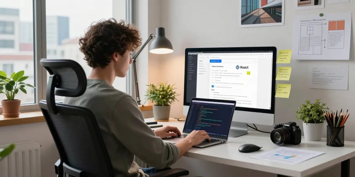 Pengembang menggunakan useCallback dalam desain aplikasi web di ruang kerja yang modern dan terang.
