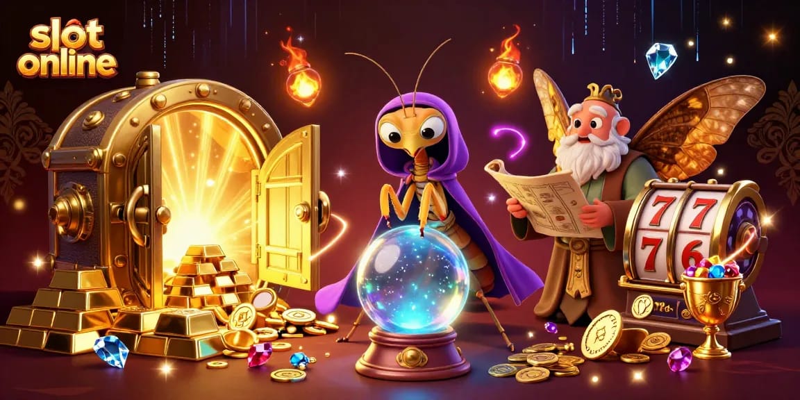 Spinning the slot online reels for jackpots with a mystical fortune teller and ancient librarian.