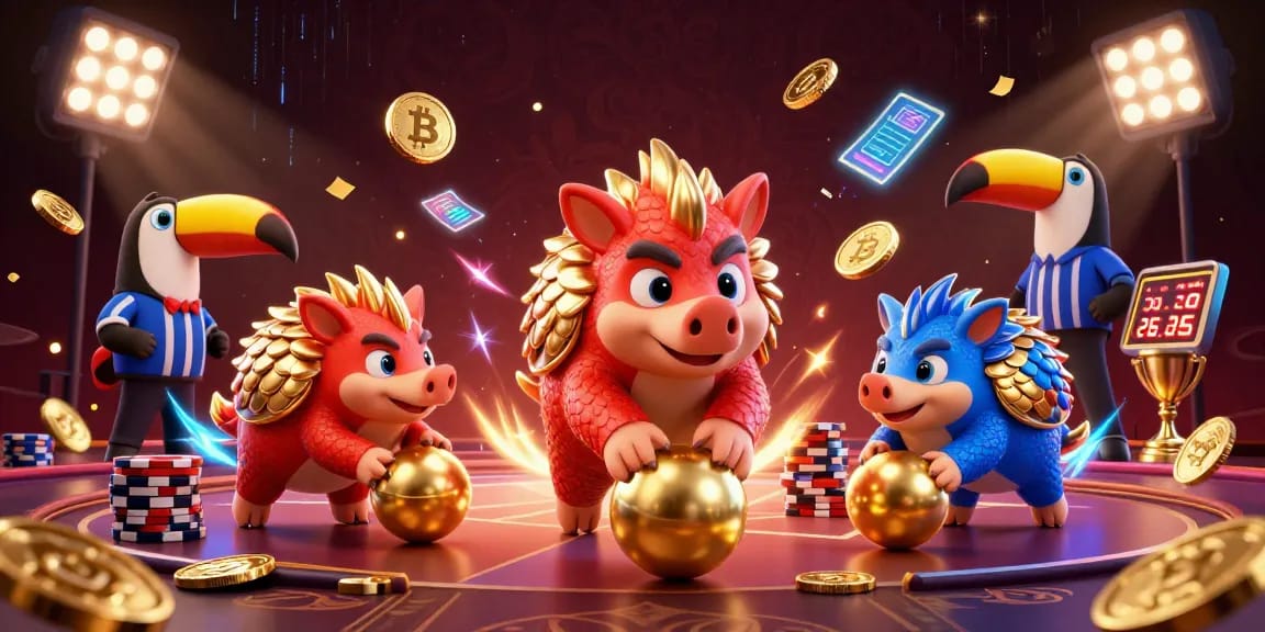 Jeux animés sur un crypto casino, avec des pangolins, des pièces Bitcoin et des éléments holographiques.