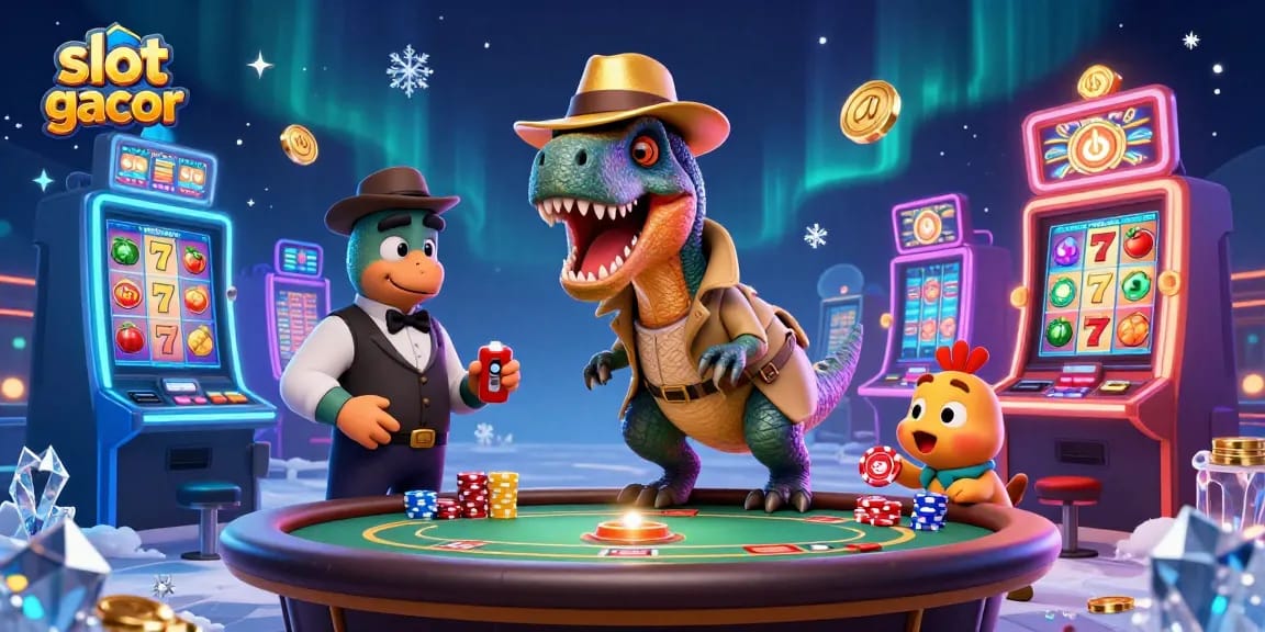 Experience the thrill of slot gacor with a velociraptor card counter amid colorful slot machines!