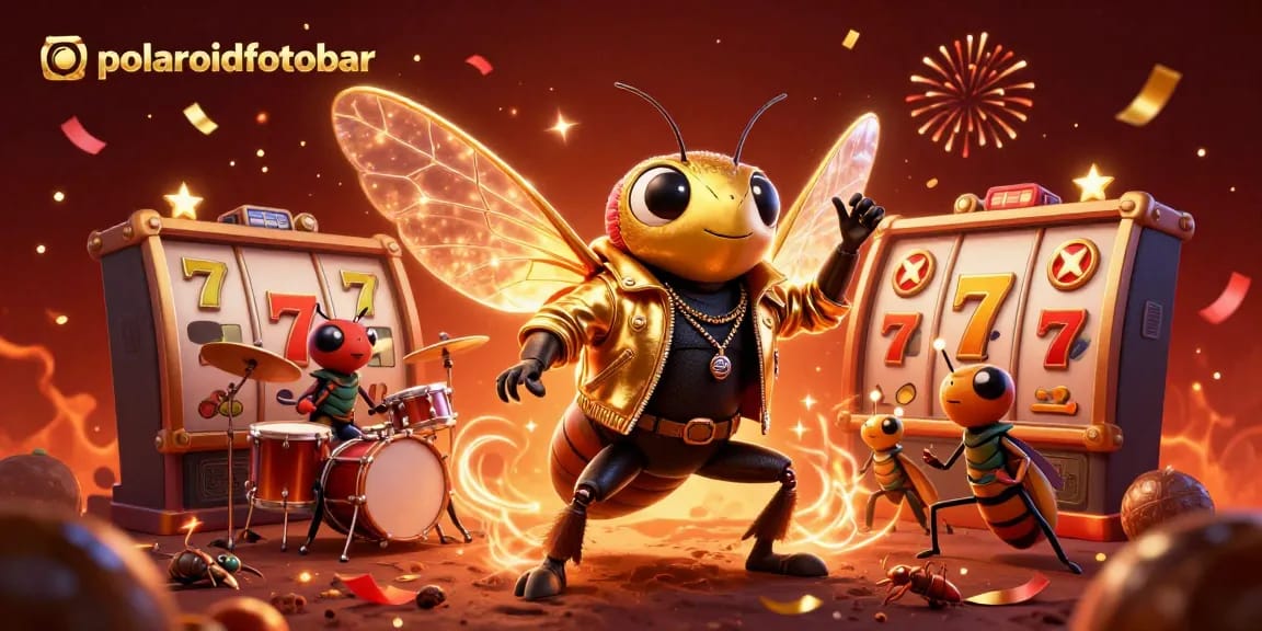 Join the excitement with polaroidfotobar's electrifying casino scene featuring rock star characters and vibrant slot reels.
