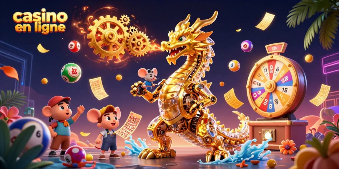 Jouez au casino en ligne avec le dragon doré et des éléments de loterie vibrants.
