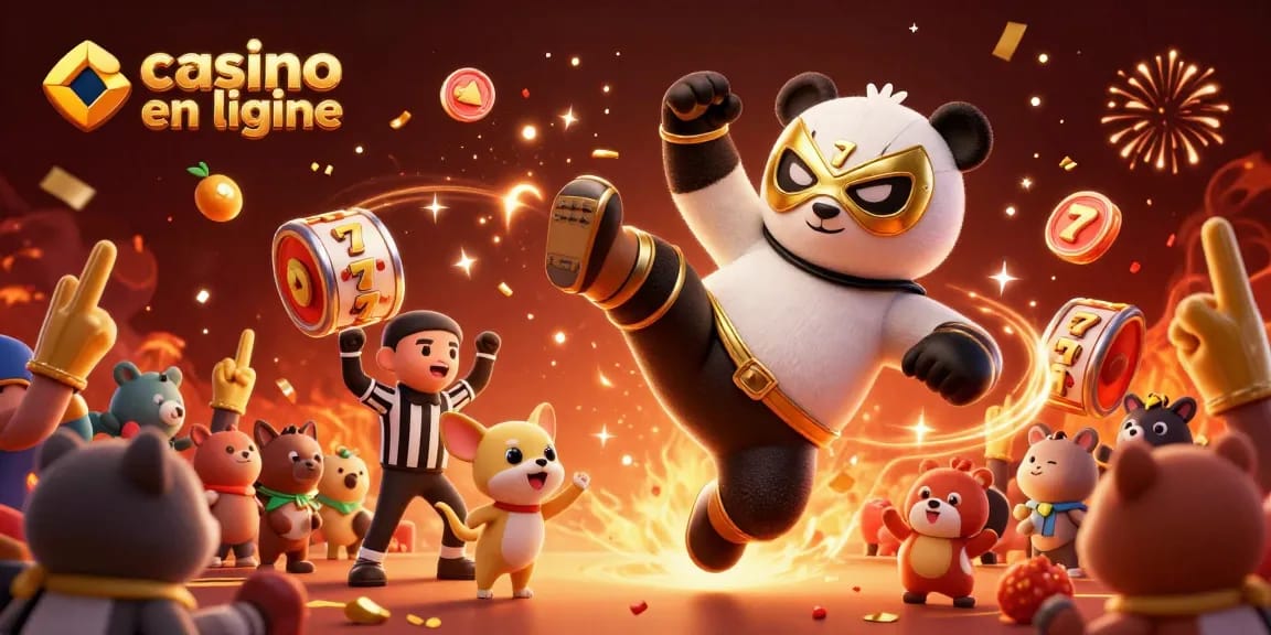 Vivez l'excitation du casino en ligne avec un panda lutteur dans une scène animée amusante.