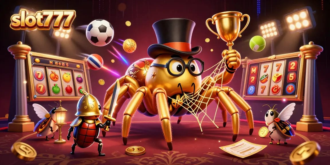 Slot777 menunjukkan ratu laba-laba emas di kasino dengan elemen menarik dan mencolok.