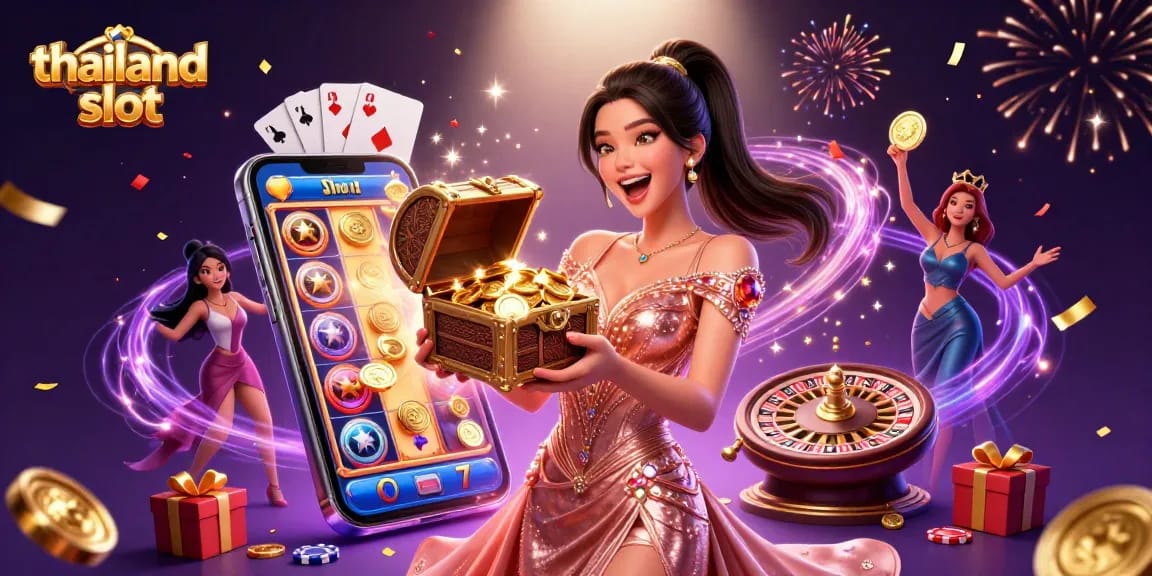 Experience the excitement of thailand slot games with a joyous Asian woman celebrating jackpots.