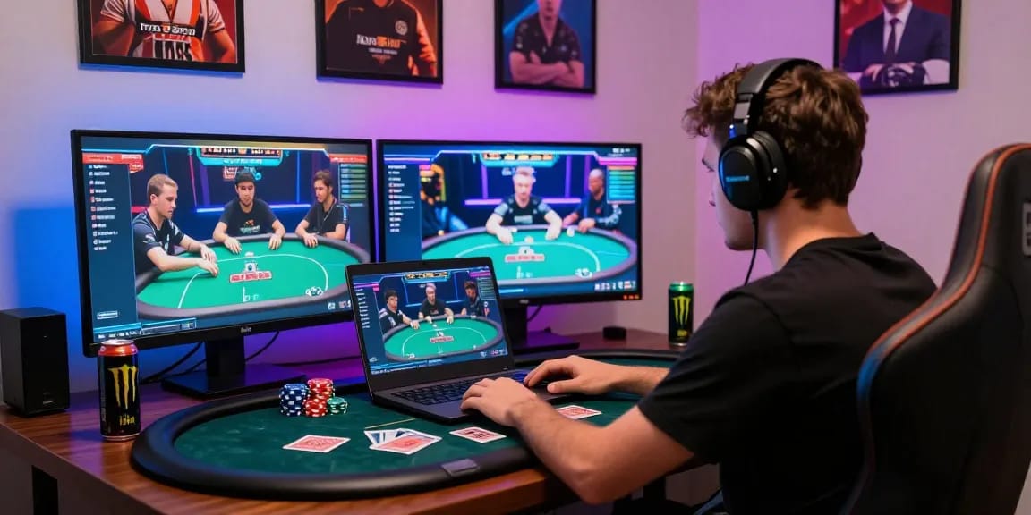 Intense home poker gaming session highlighting Poker Idn Terpercaya excitement and engagement.