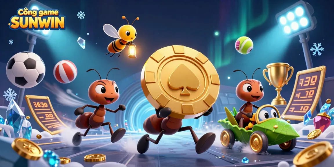 Cổng game SUNWIN showcases an exciting heist where cartoon ants carry a giant poker chip in a vibrant online casino environment.