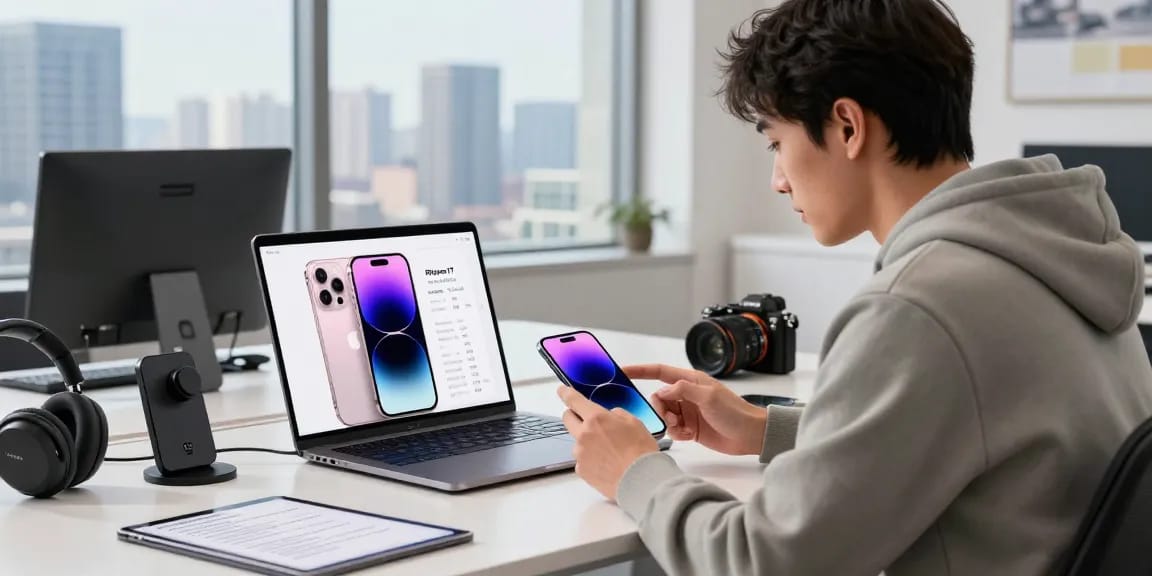 Young professional examining the features of the iPhone 17 in a modern tech workspace.
