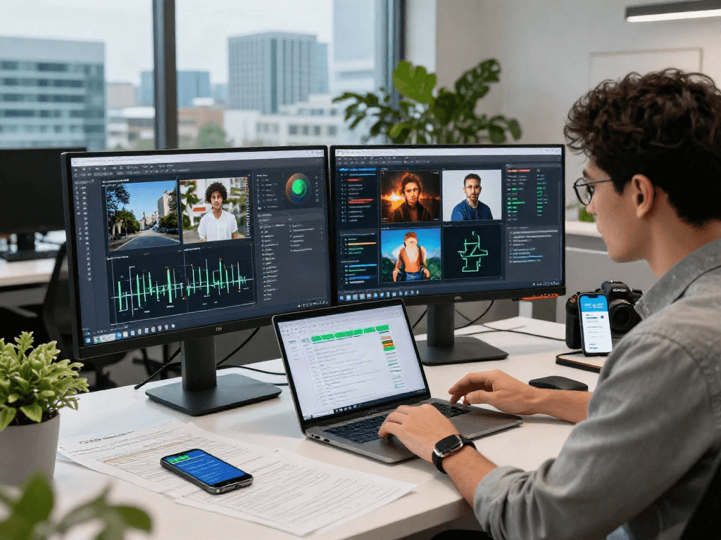 AI-Generated Image Detection analysis in a modern digital workspace with tech expert focusing on recognizing AI-generated images.