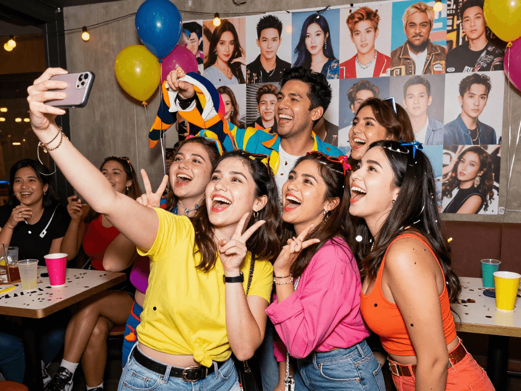 Group enjoying a themed party with celebrity look alike, vibrant atmosphere showcasing fun and excitement.