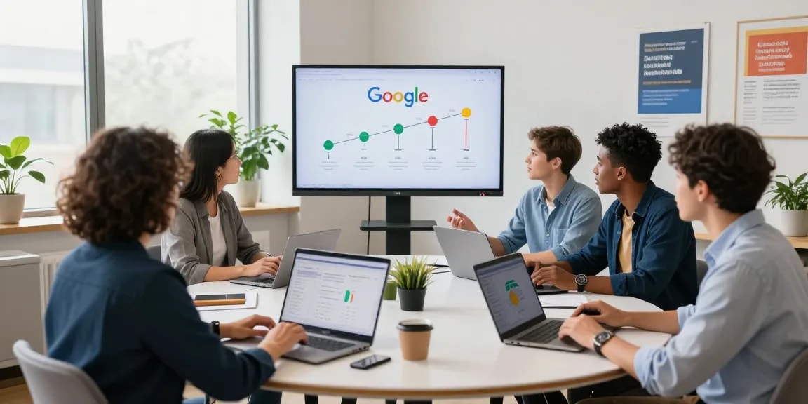 Team discussing rokok88 login updates on Google algorithms in a bright office.