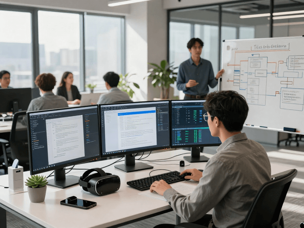 Data scientist analyzing document fraud detection solution in a modern office setting