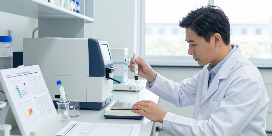 Scientist measuring indole-3-carbinol powder in a sterile laboratory setting