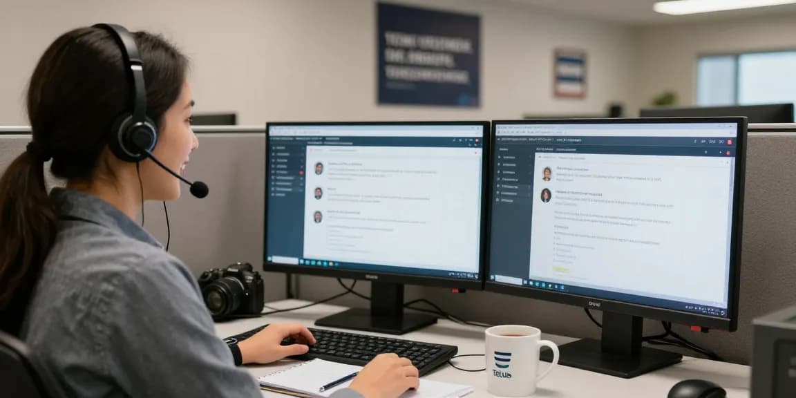 Customer support representative providing Telus-Technical-Support with dual monitors and professional tools.