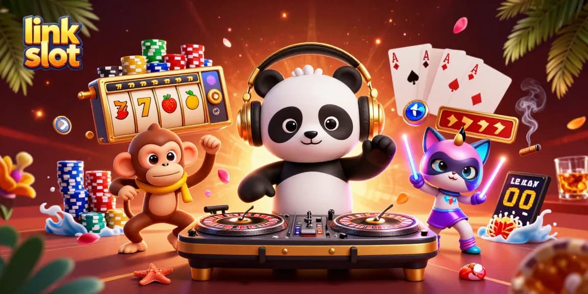 Jelajahi link slot dengan DJ panda beraksi di tengah permainan slot yang megah.